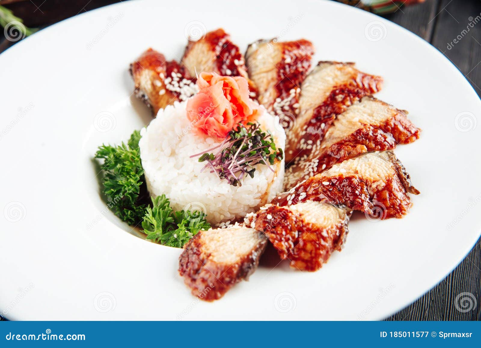 Cooked Eel Fish Rice, Greens and Marinated Ginger Stock Image Image