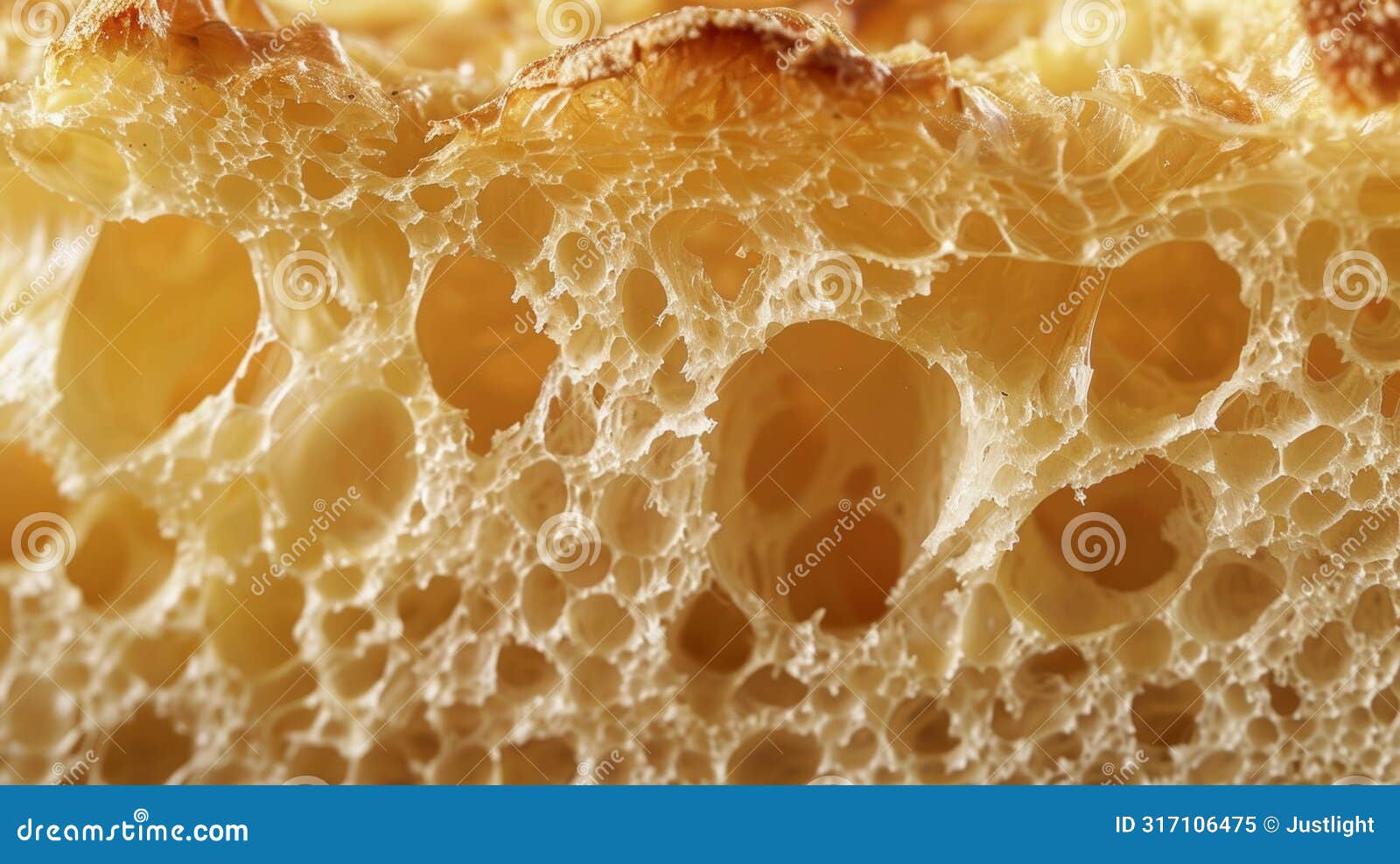 a closeup of a cross section of a loaf of bread revealing its airy holey structure and golden crispy crust