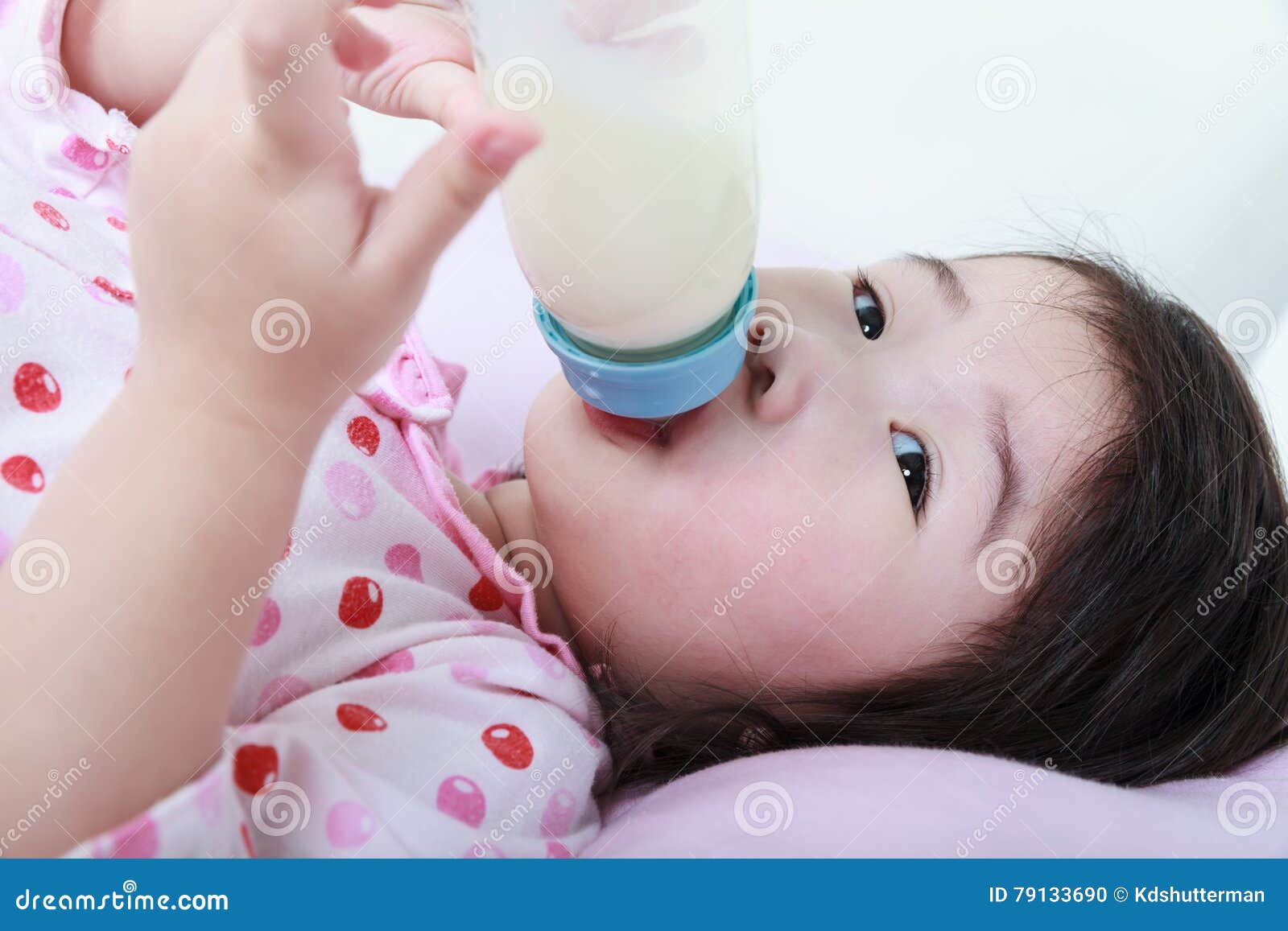 Closeup Cute Asian Girl Suck Up Milk Bottle Drinking Milk