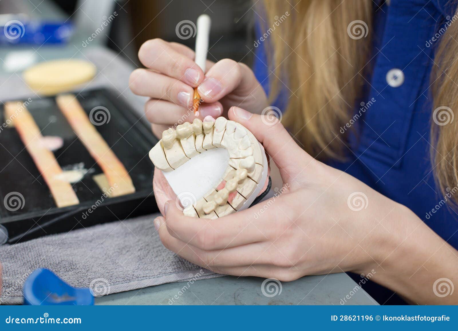 Closeup of a Dental Technician Applying Porcelain Stock Photo Image