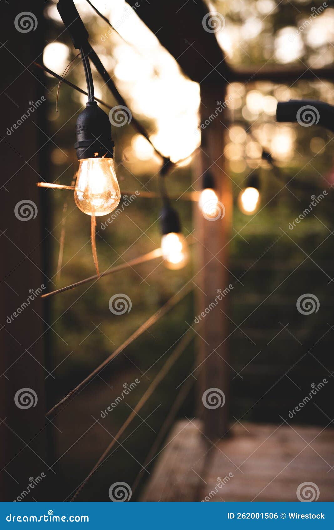 Closeup of Edison Bulbs Outside Along Railing Stock Photo Image of