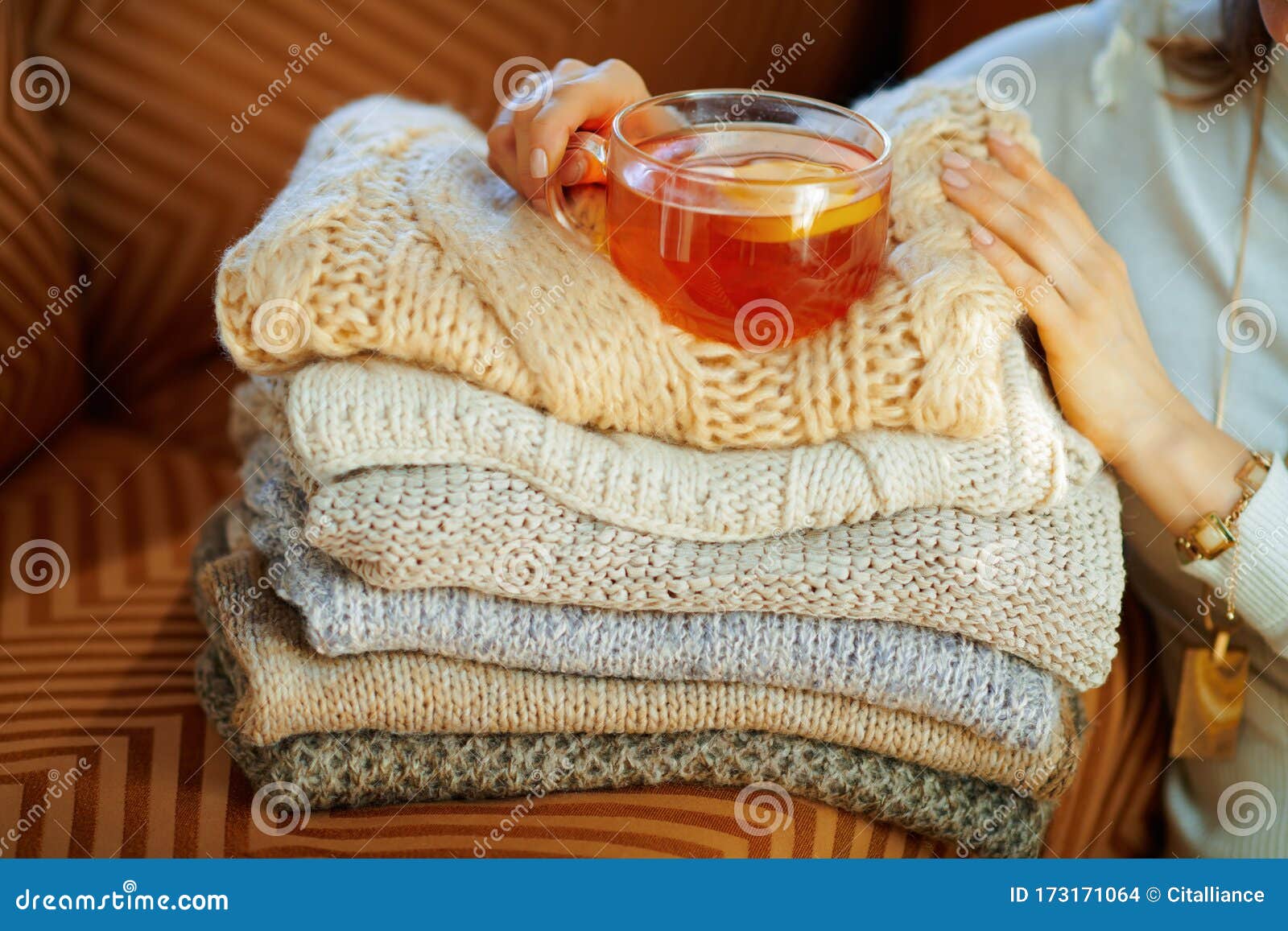 Closeup on Elegant Woman with Sweaters and Tea Stock Photo - Image of ...