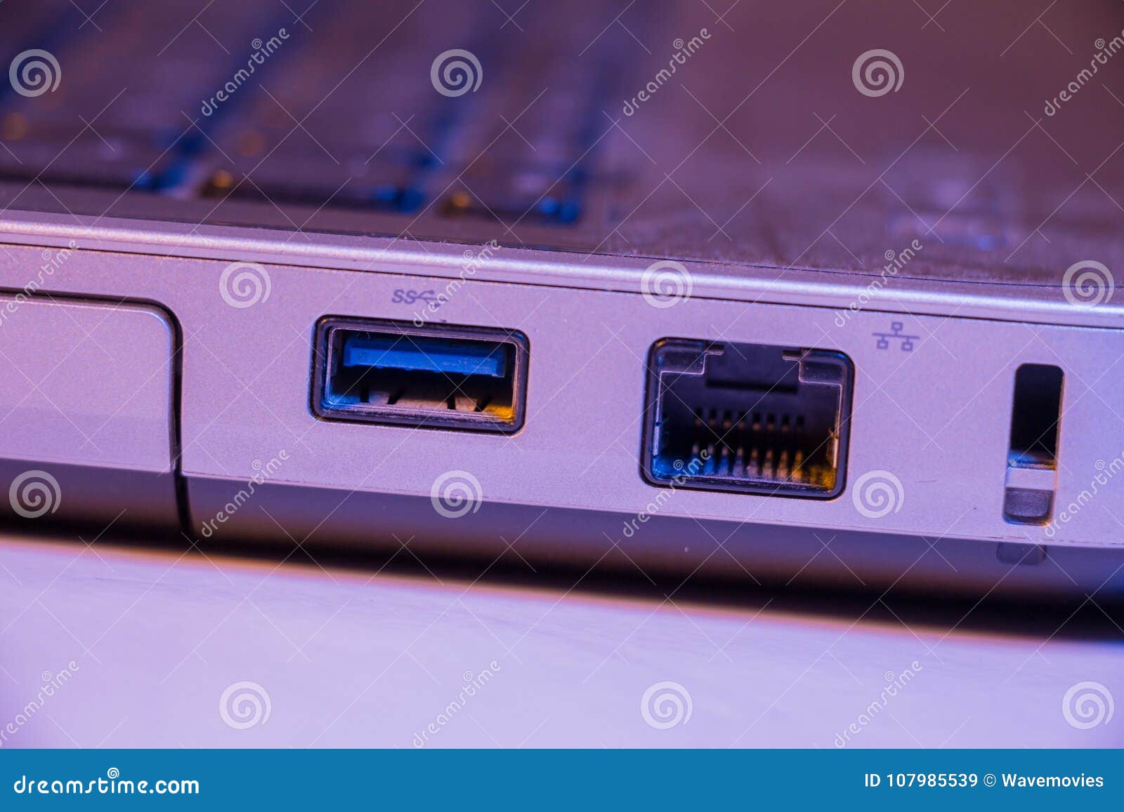 closeup of ethernet cable and usb ports in a laptop
