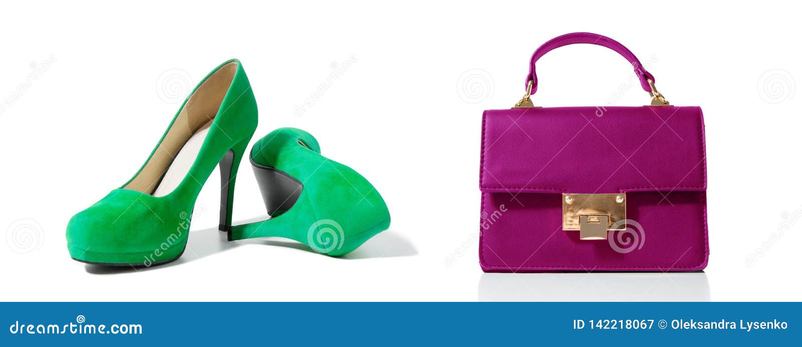 closeup of fashionable high heels shoes and woman bag  on white background. green color shoe and pink handbag on floor.