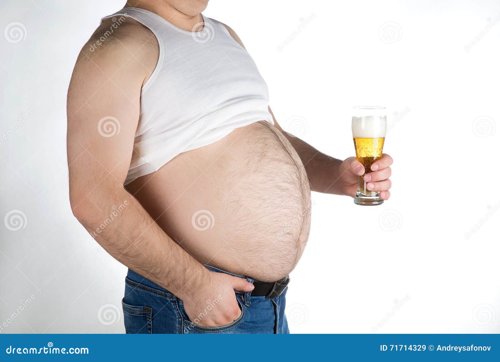 Closeup Fat Belly with Beer on White Background Stock Image Image of
