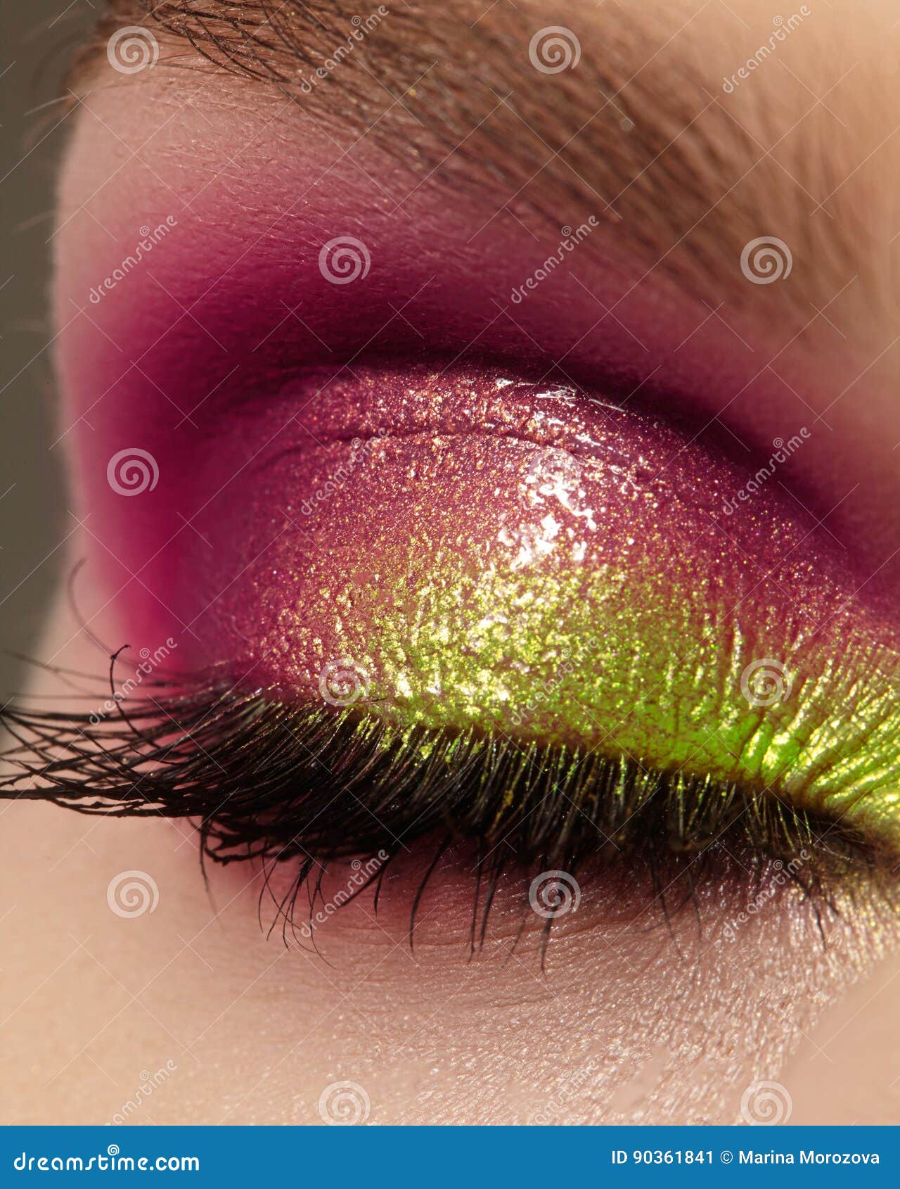 Closeup Female Eye With Beautiful Fashion Bright Make Up Beautiful Shiny Purple Green Eyeshadow Wet Glitter Stock Image Image Of Bright Mascara