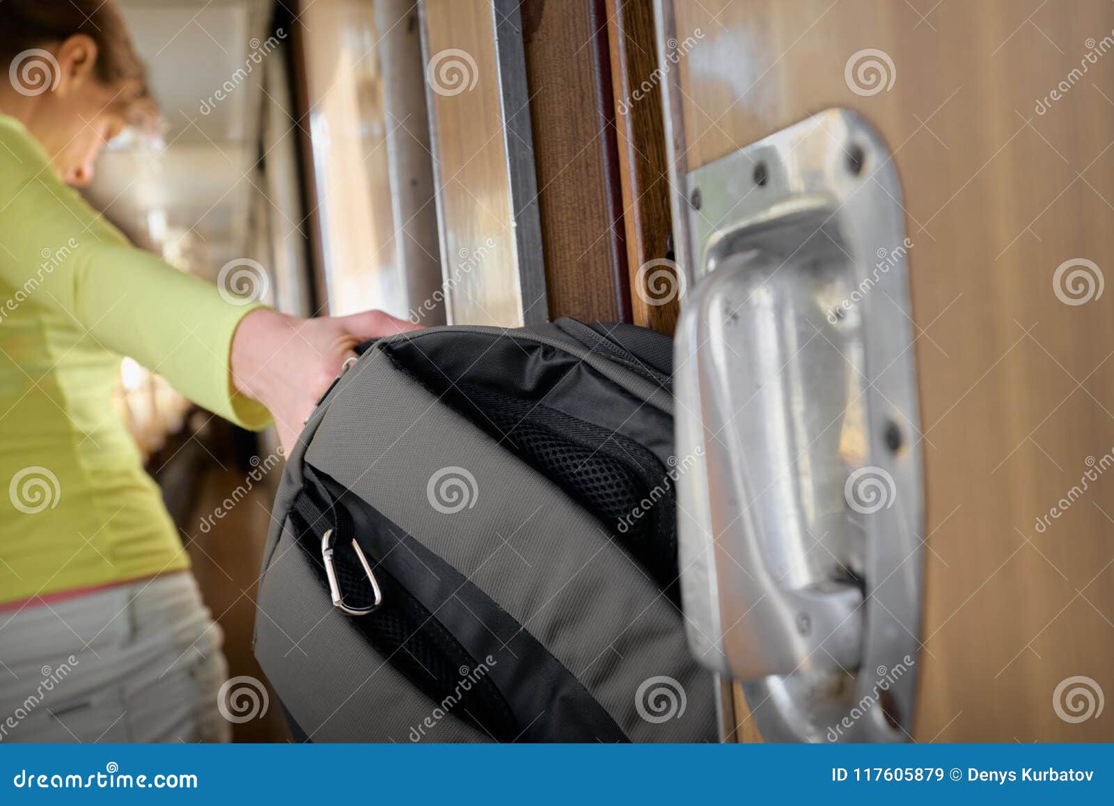 Female with backpack stock image. Image of interior 117605879