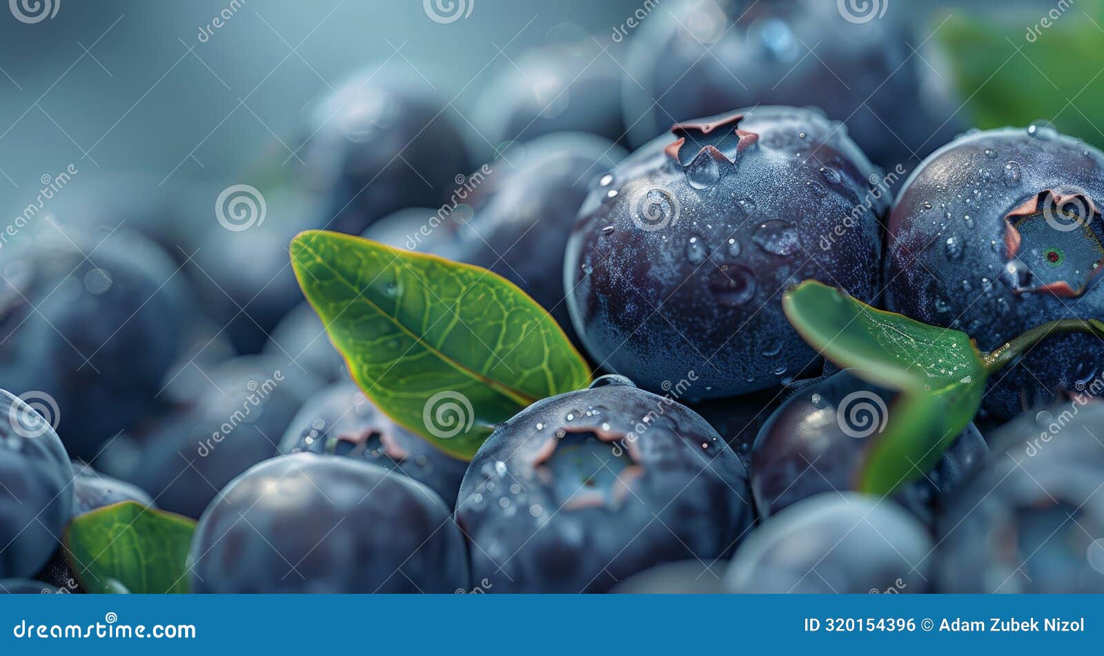 closeup of fresh blueberries with water droplets and green leaves