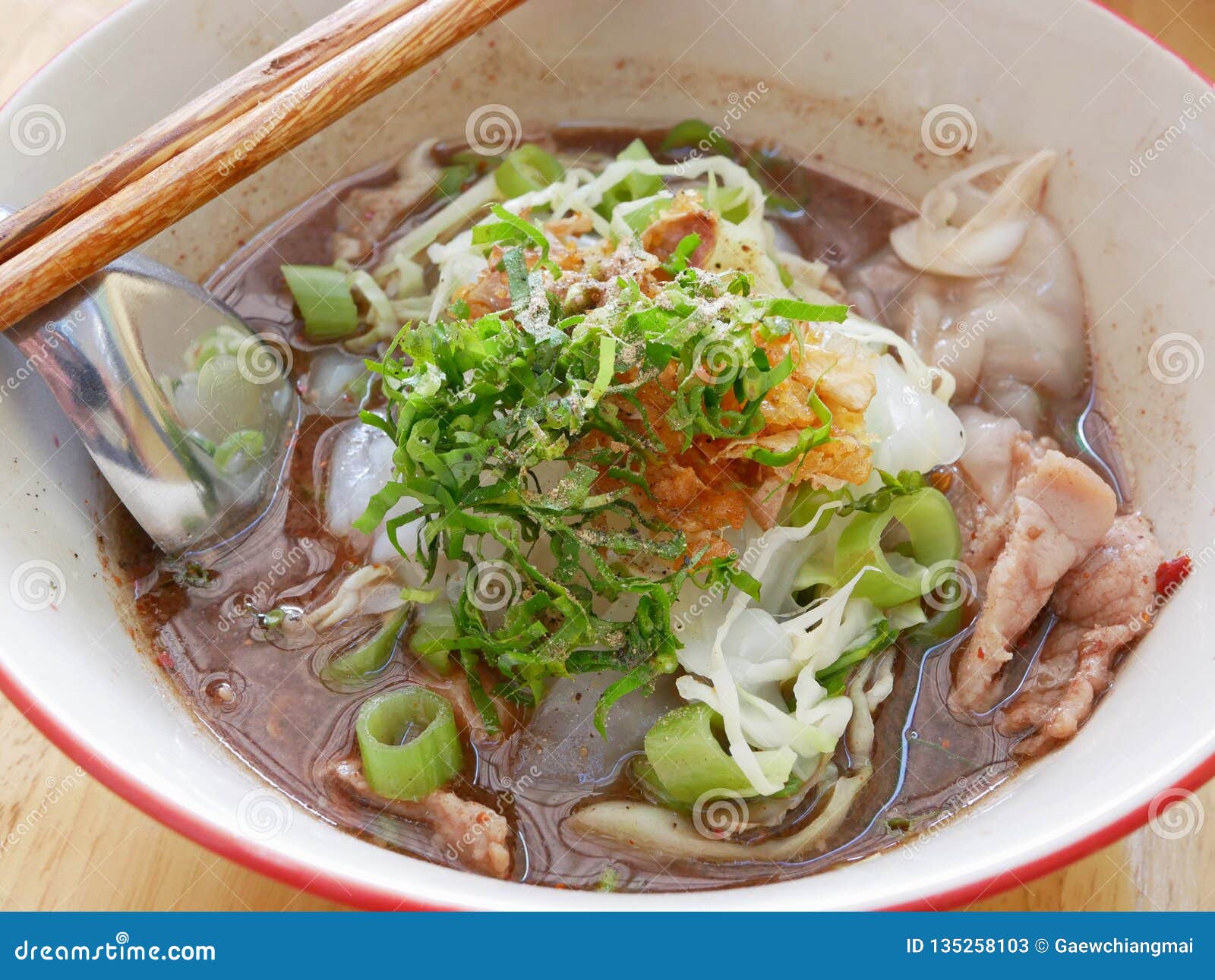 fresh spicy noodles soup with pork and its tasty made-of-pig-blood thick broth guay tiao rua