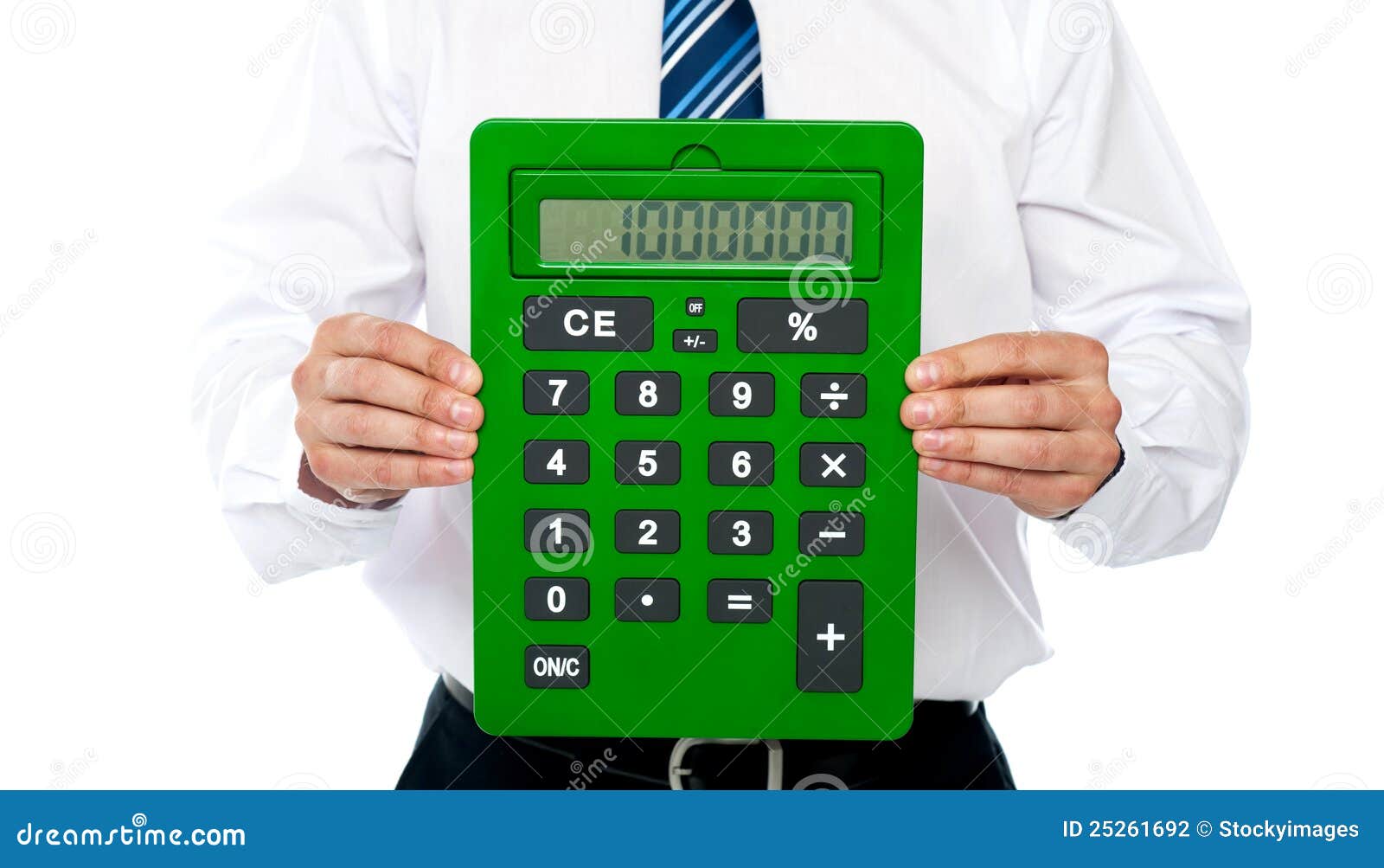 Closeup of a Green Calculator. Man Holding it Stock Photo Image of