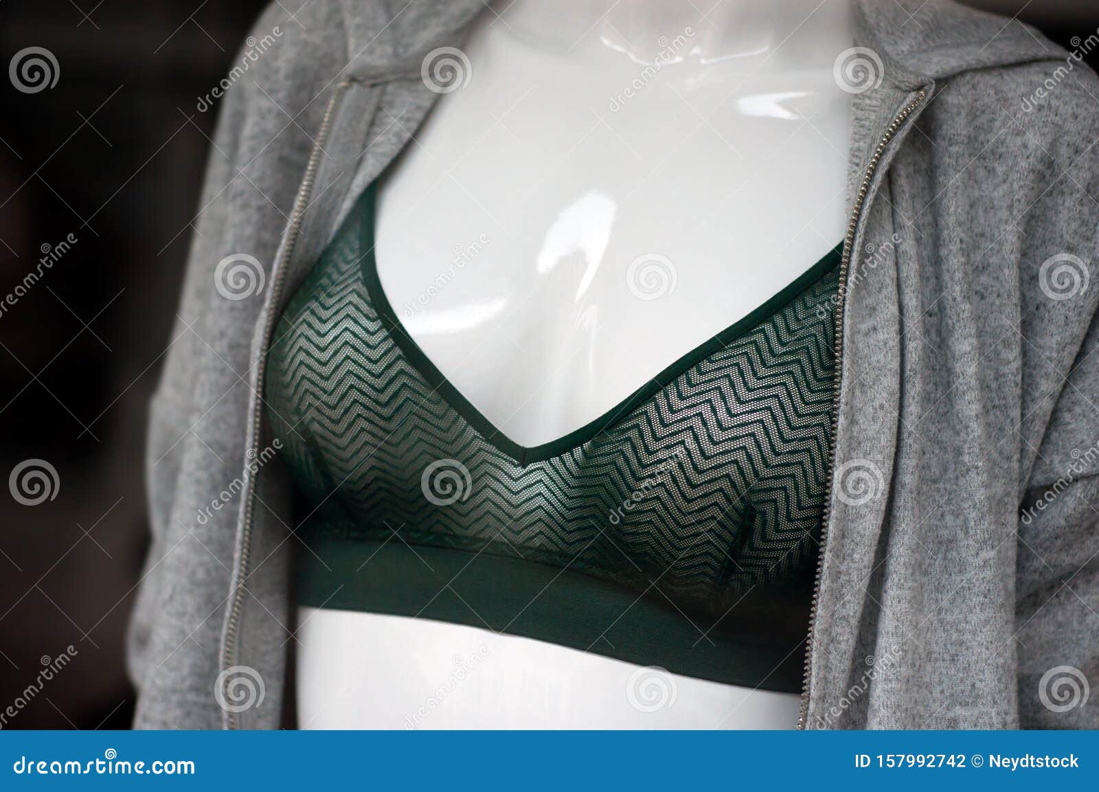 Green Transparent Bra on Mannequin in Fashion Store Showroom Stock