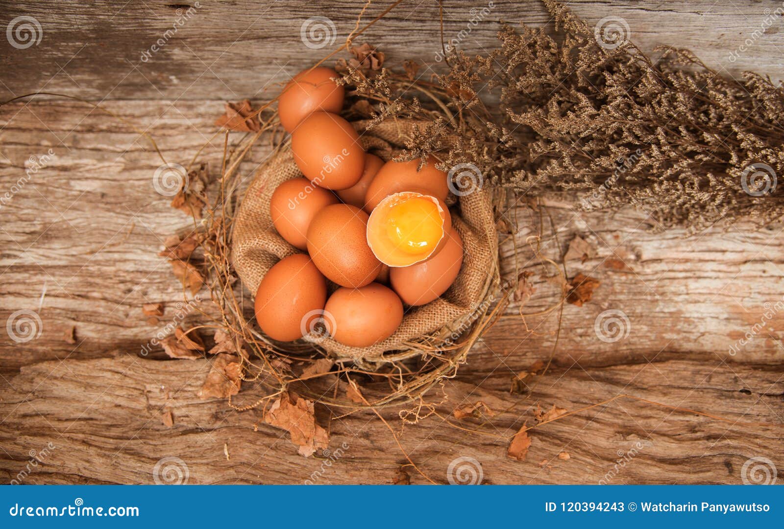 closeup group of raw eggs on hemp cloth,vintage style