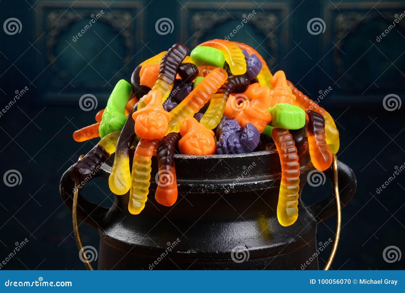Closeup Halloween Candy in Cauldron Stock Photo Image of blue, chewy