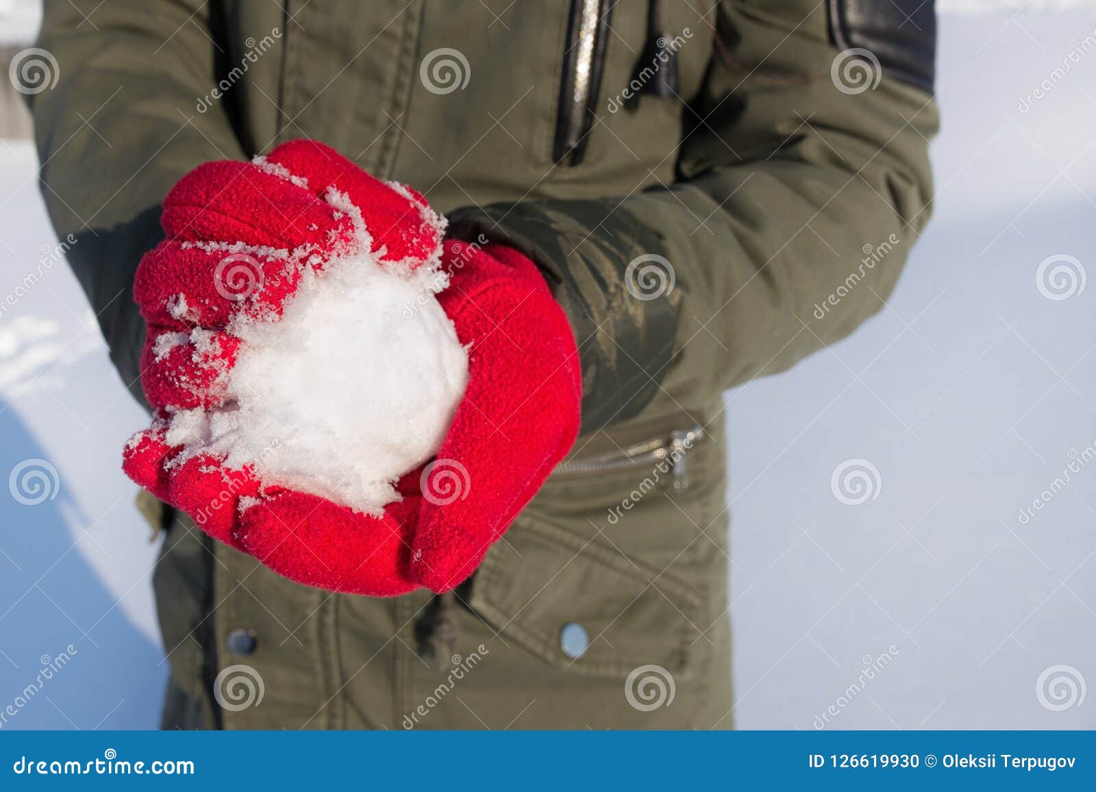 Hands in Red Gloves Holding Snowball Stock Photo - Image of concept ...