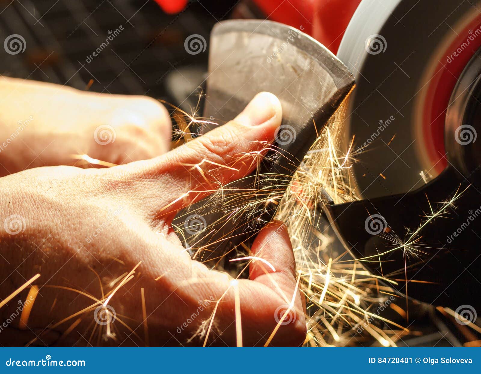 Closeup of Hands Sharpen the Ax Sharpening Machine Stock Image Image