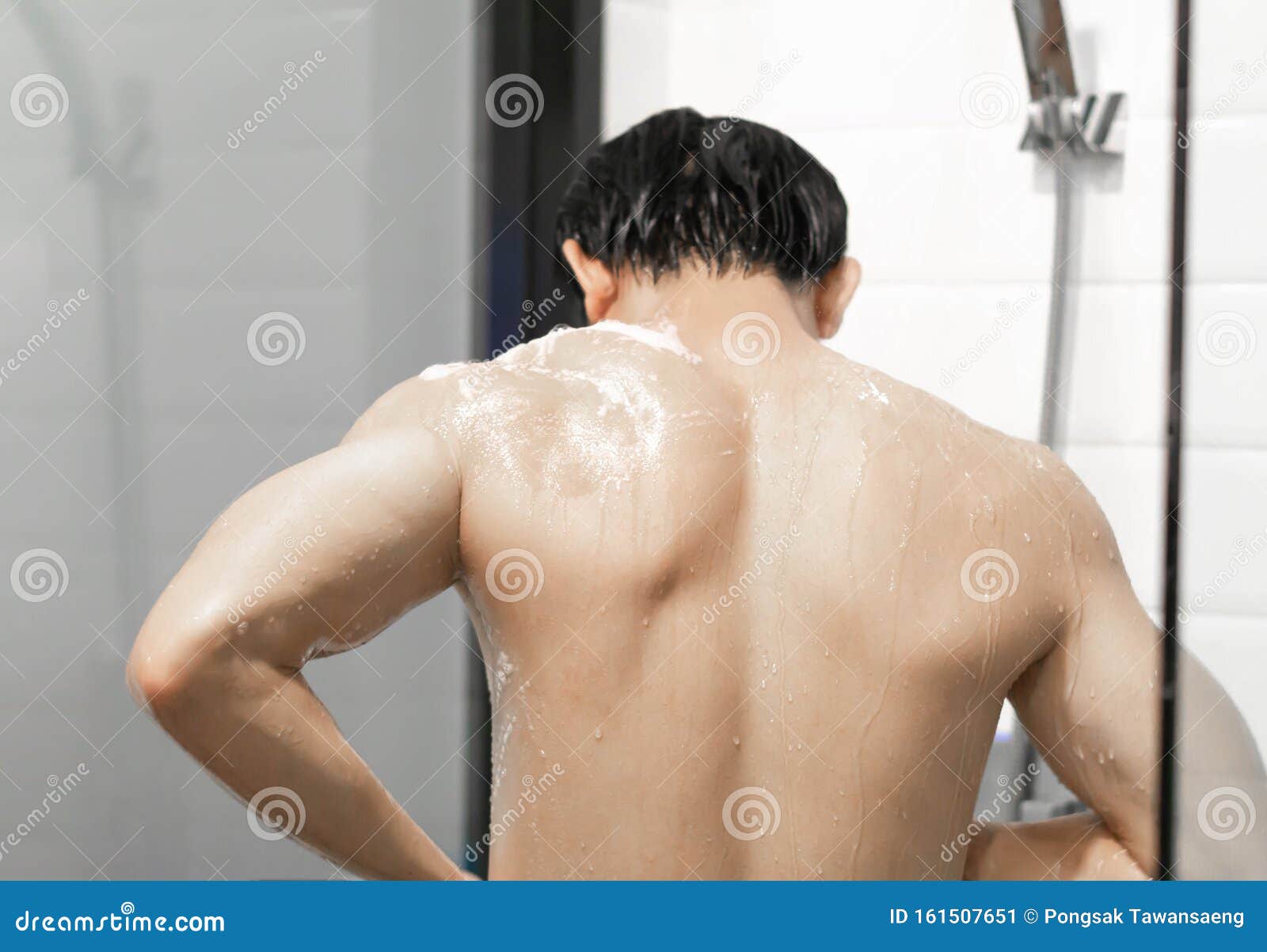 Closeup Handsome Asian Man Taking A Shower In The Bathroom