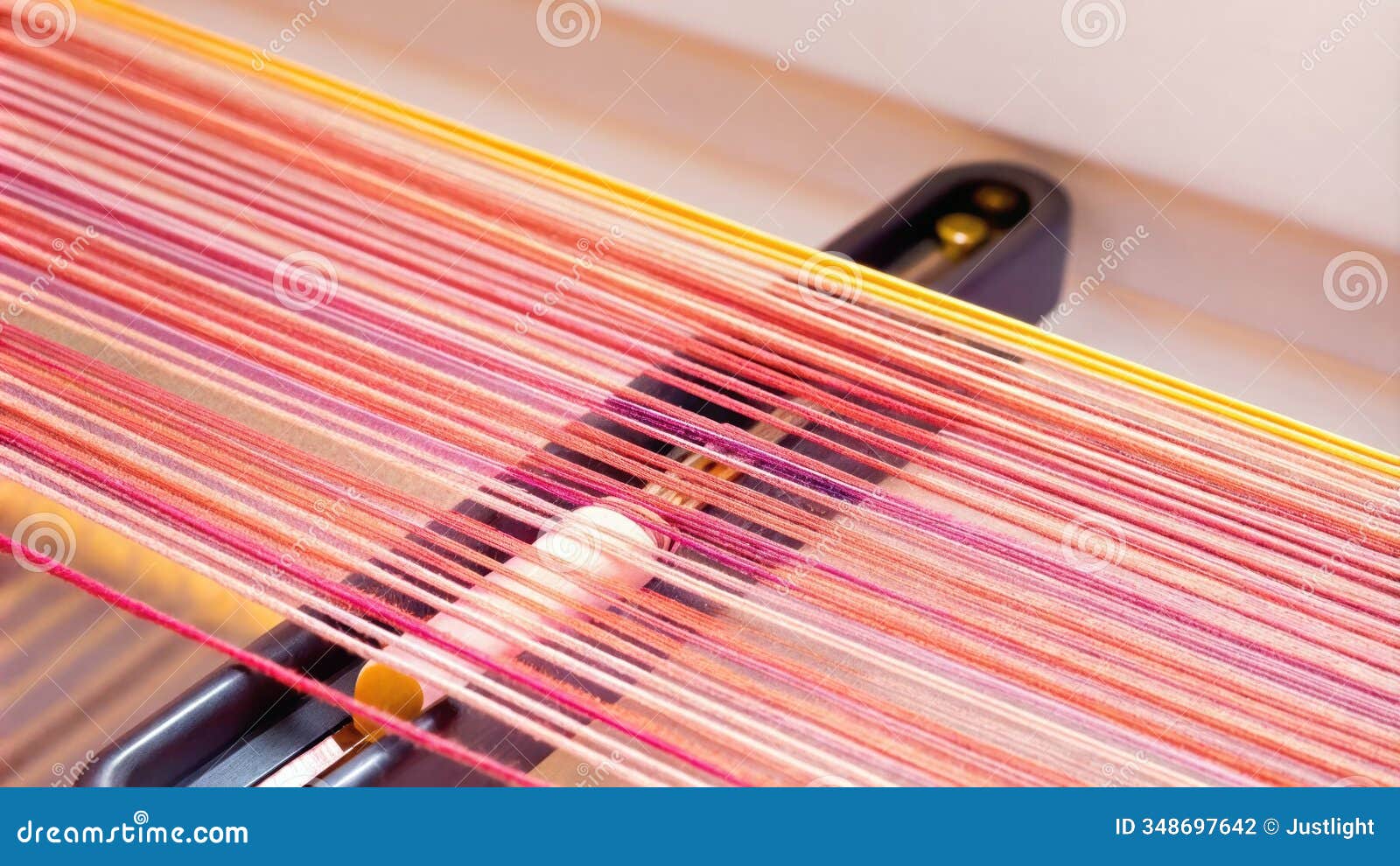 closeup of a hightech weaving shuttle gliding through tightly tensioned threads demonstrating precision engineering and