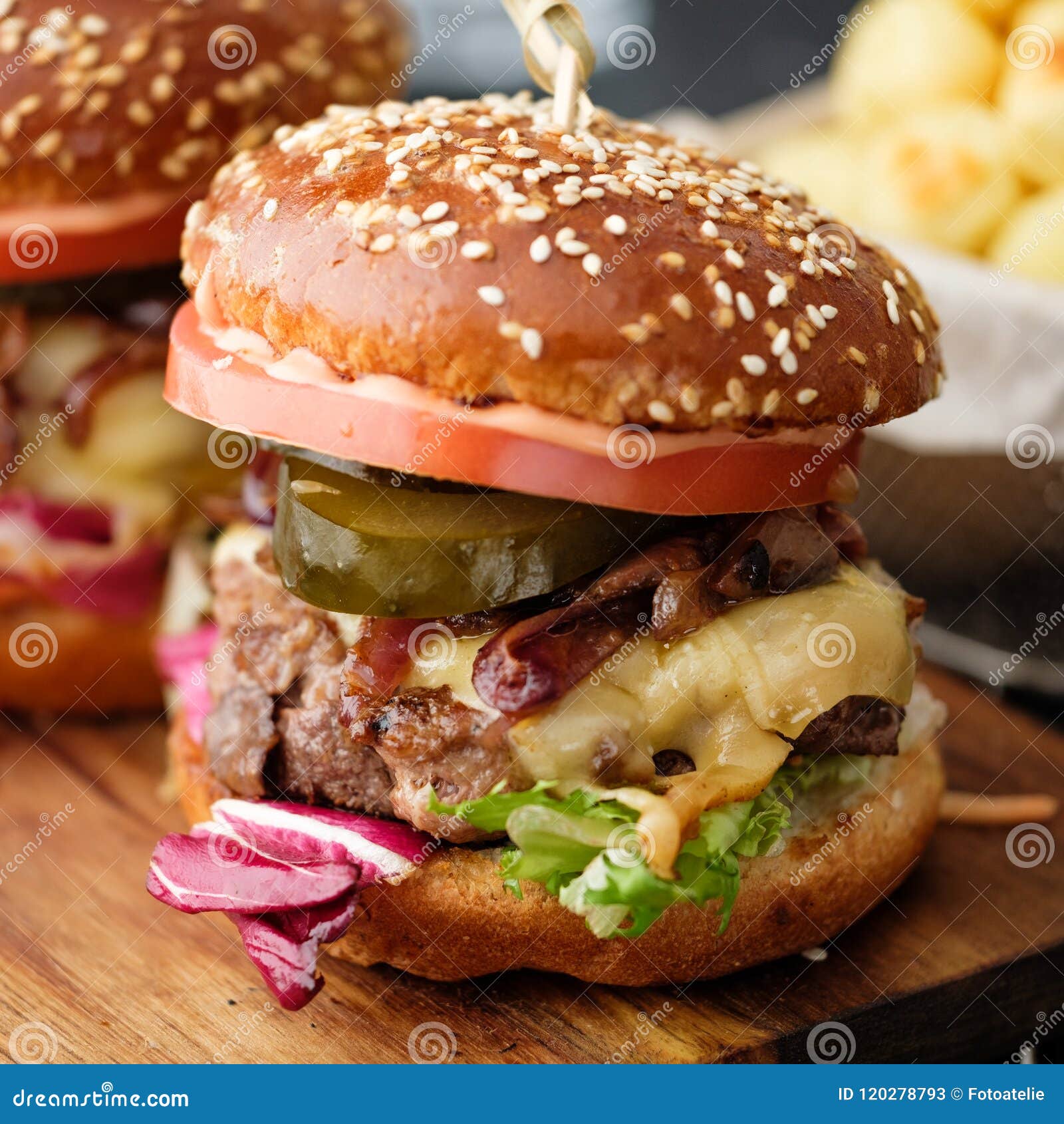 Closeup of Homemade Delicious Juicy Burger with Beef, Cheese, To Stock ...