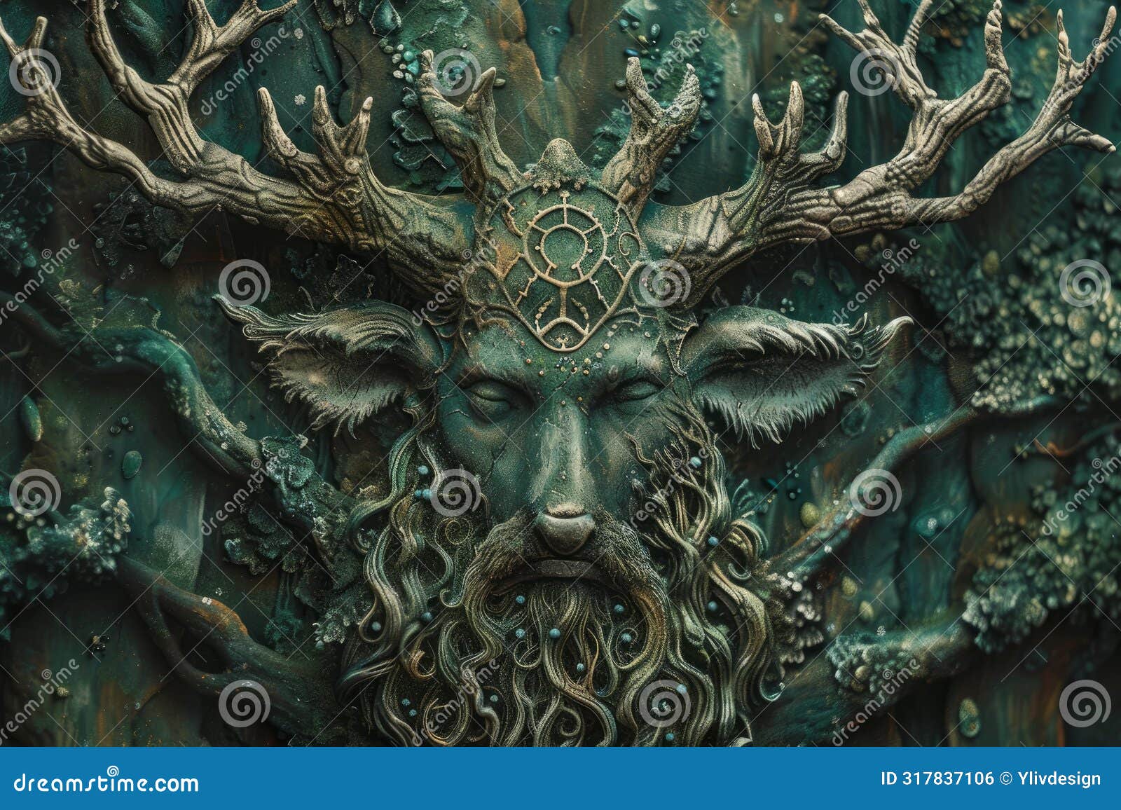 closeup of an intricate mythical forest god sculpture with antlers