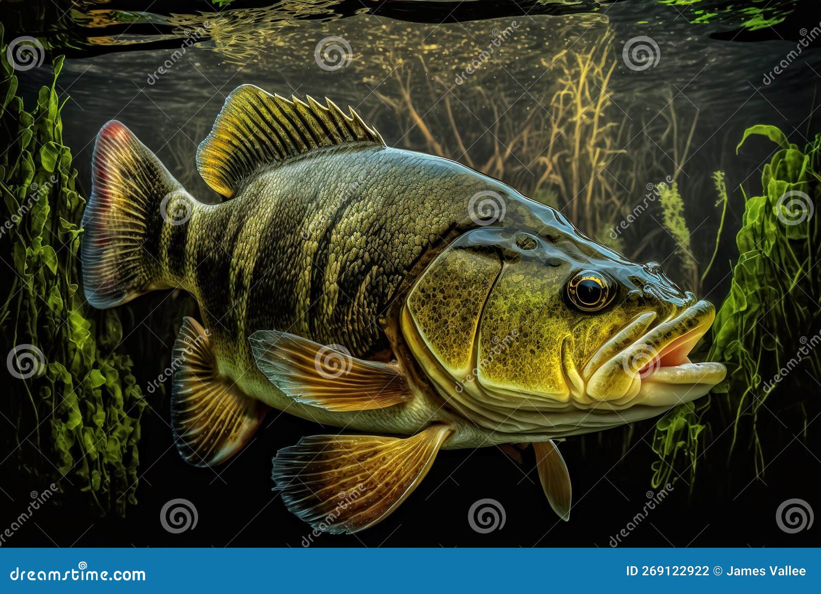 Closeup of a Large Mouth Bass Underwater - Ai Gernerative Stock