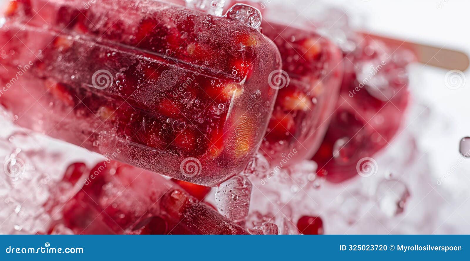 a closeup of lush pomegranate lemonade ice pop, its vivid red and icy texture highlighted against a white backdrop