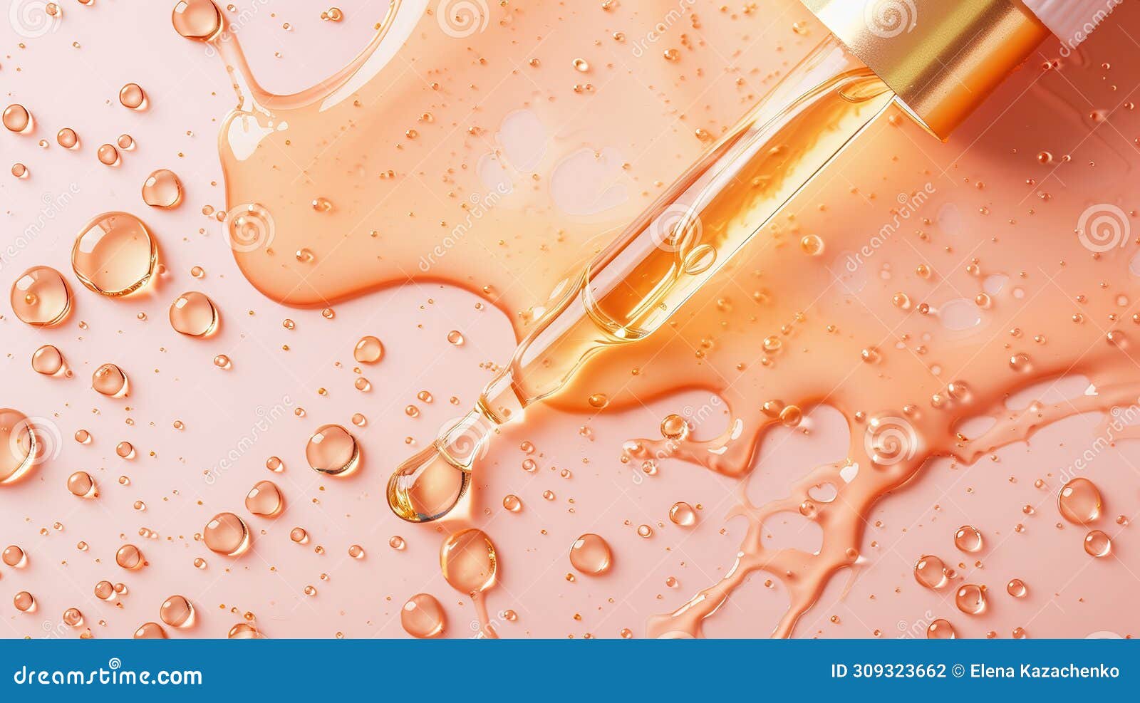 closeup macro photograph of peach fuzz ambercolored liquidfilled pipette on a wooden table, showcasing a beautiful
