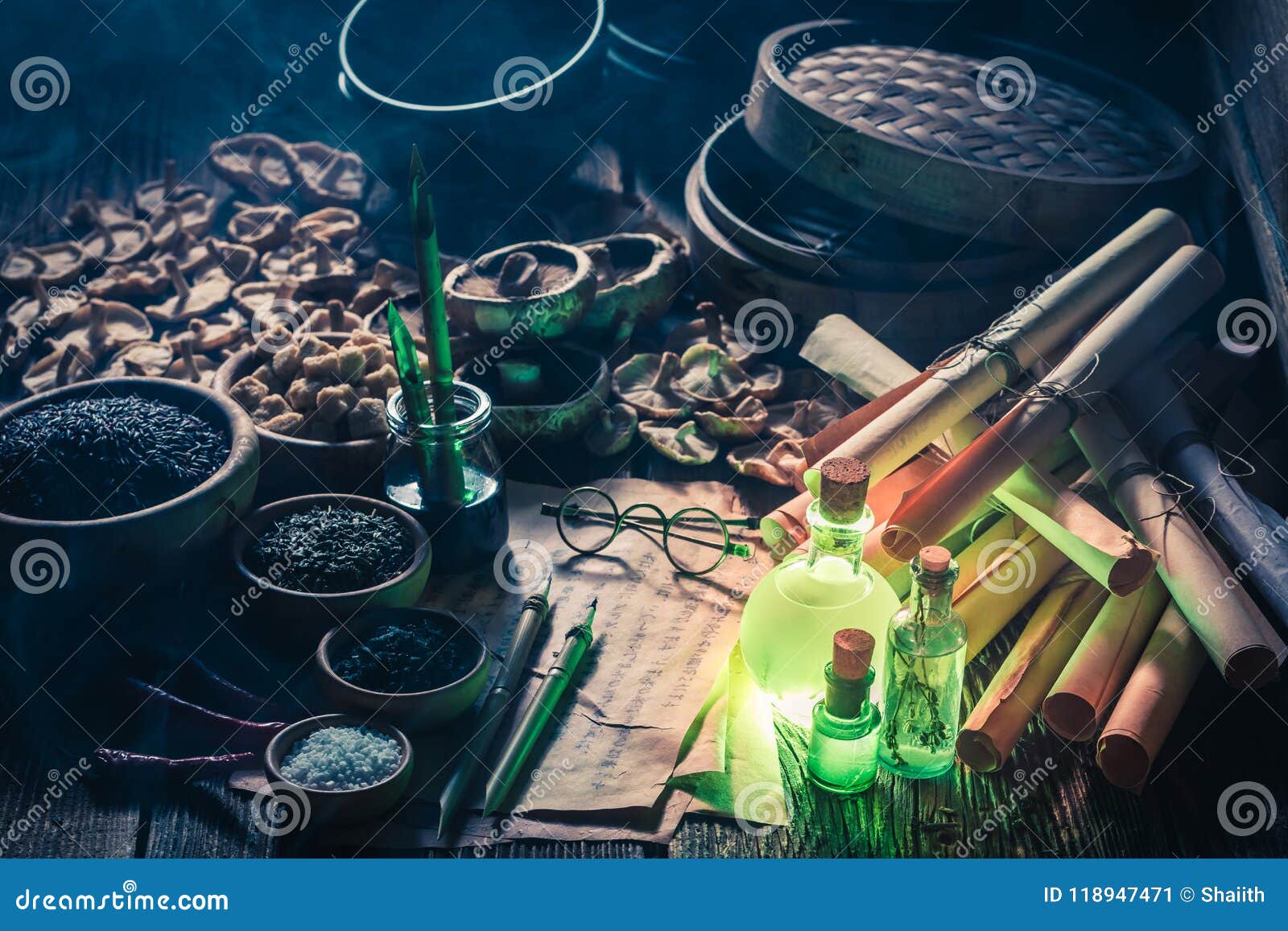 Magical Scrolls and Recipe in Old Kitchen Laboratory Stock Image