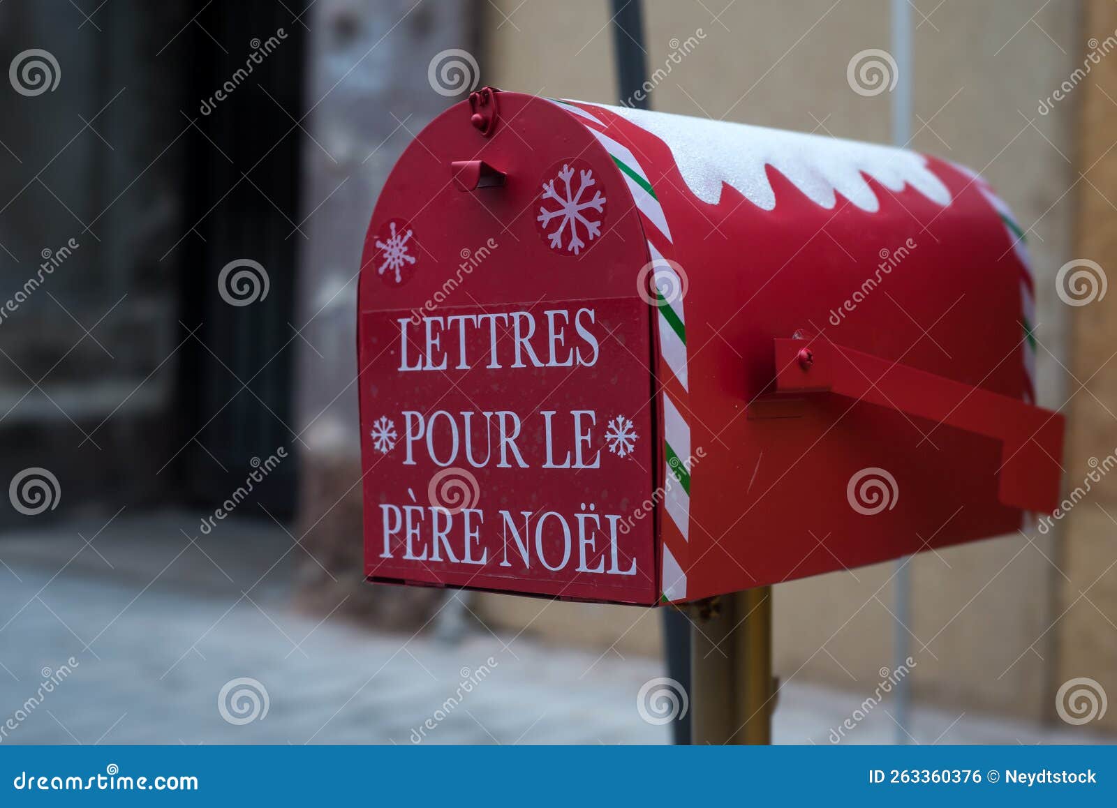mail box with text in french : lettres pour le pere noel, traduction in english, letters forthe santa claus