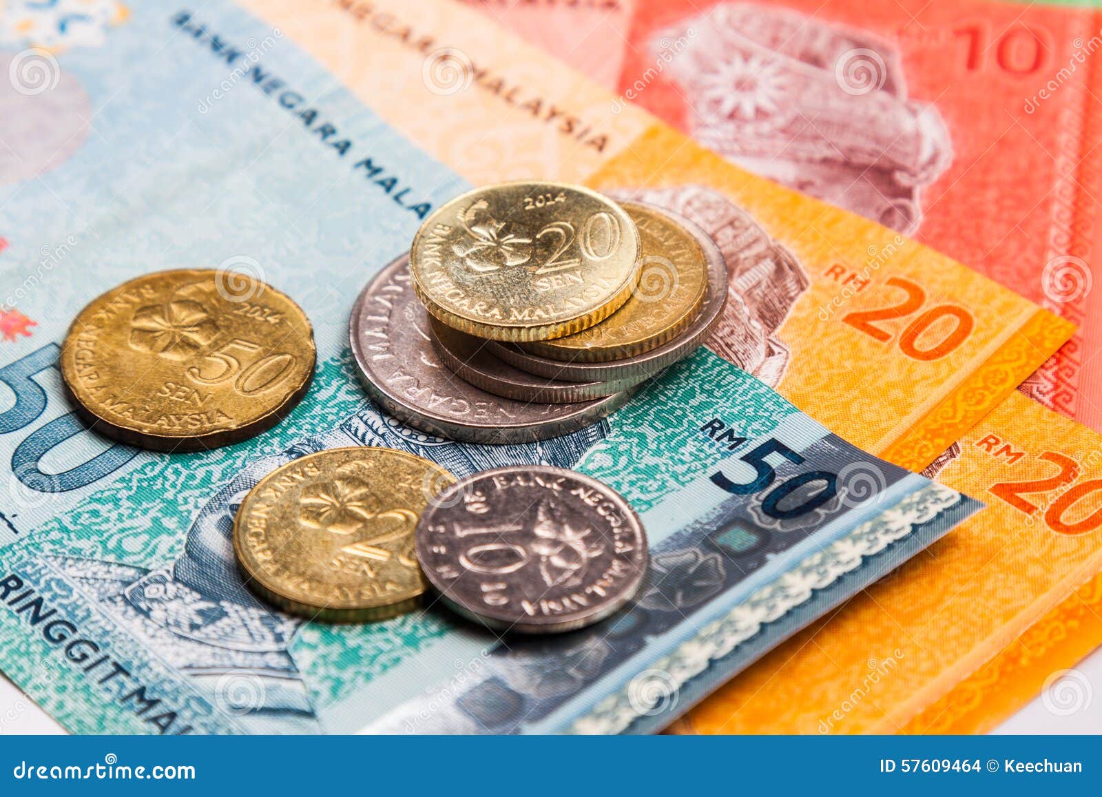 Closeup of Malaysia Ringgit Currency Notes and Coins Stock Photo