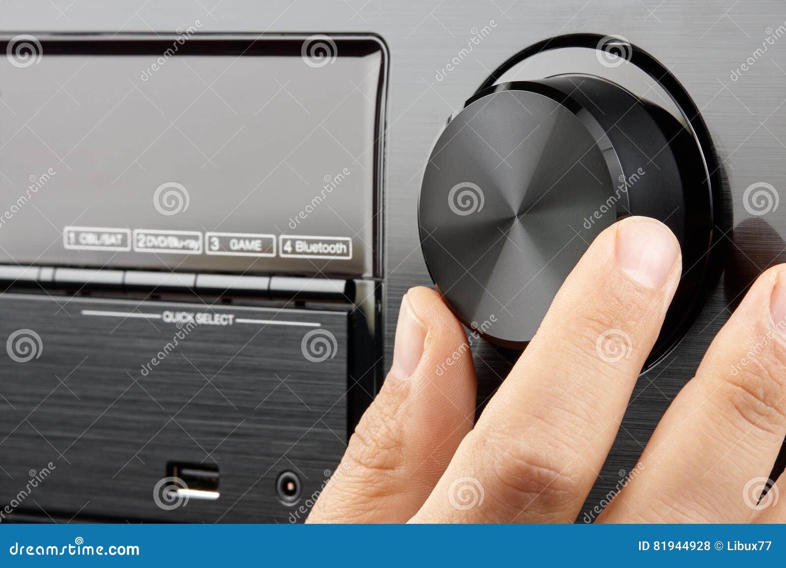 Closeup Male Hand Turning Blank Knob Amplifier Stock Photo Image of