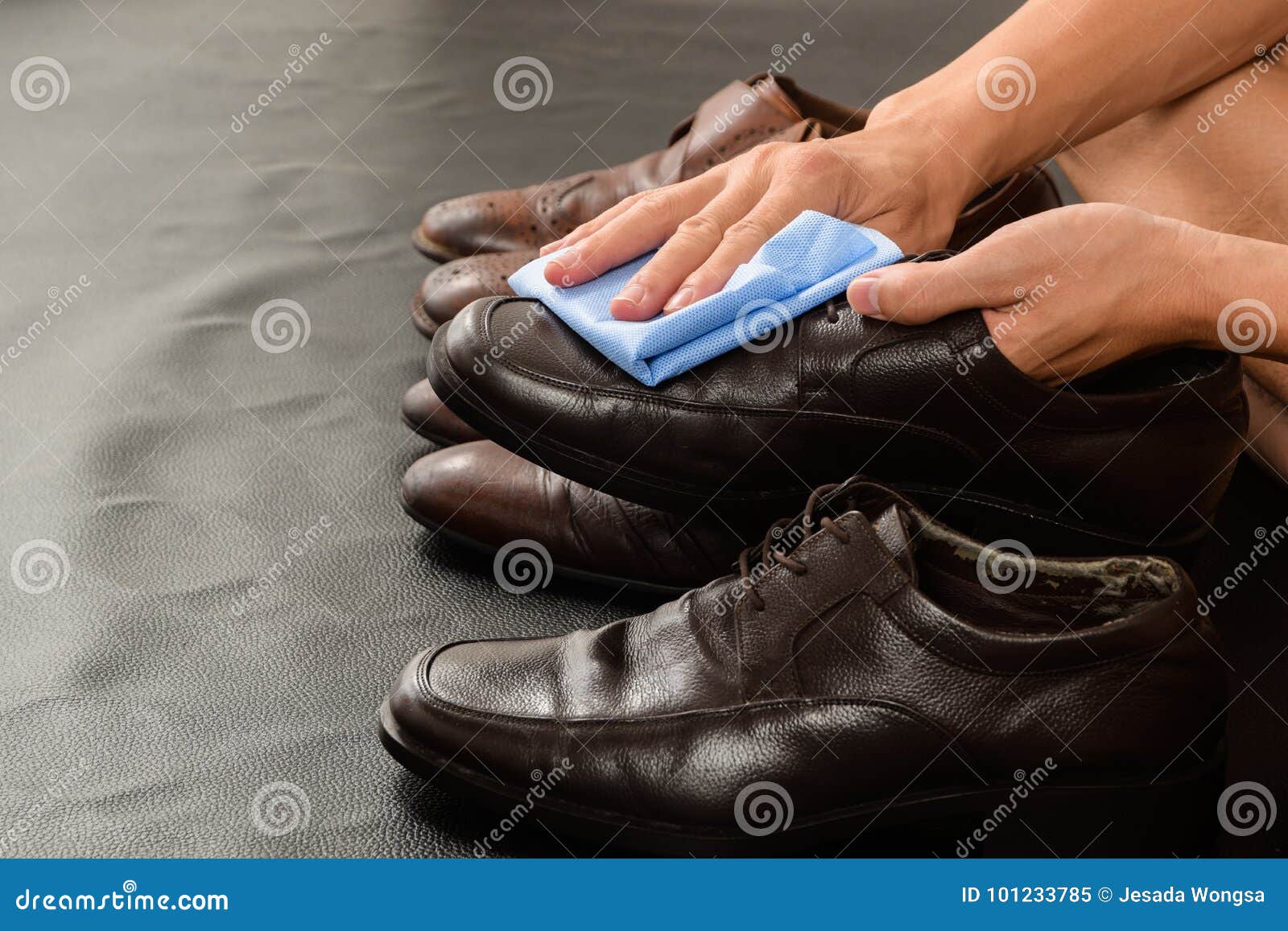 Closeup of Man Cleaning His Leather Shoes Stock Image Image of secondhand, clothing 101233785