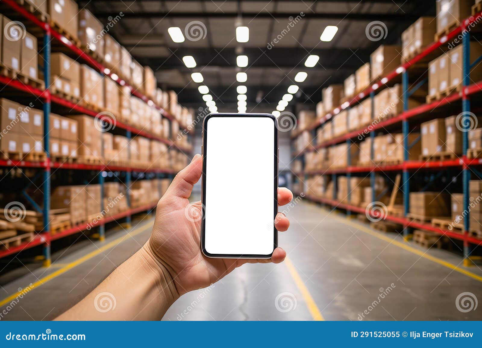Hand Holding Smartphone Warehouse Text Warehouse Stock Photo 584659618