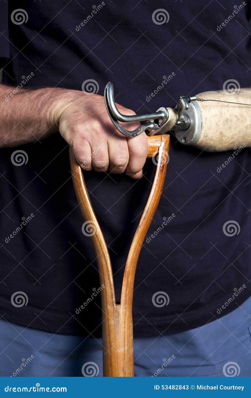 Closeup of a Man S Hand and Prosthetic Arm Leaning on the Head of
