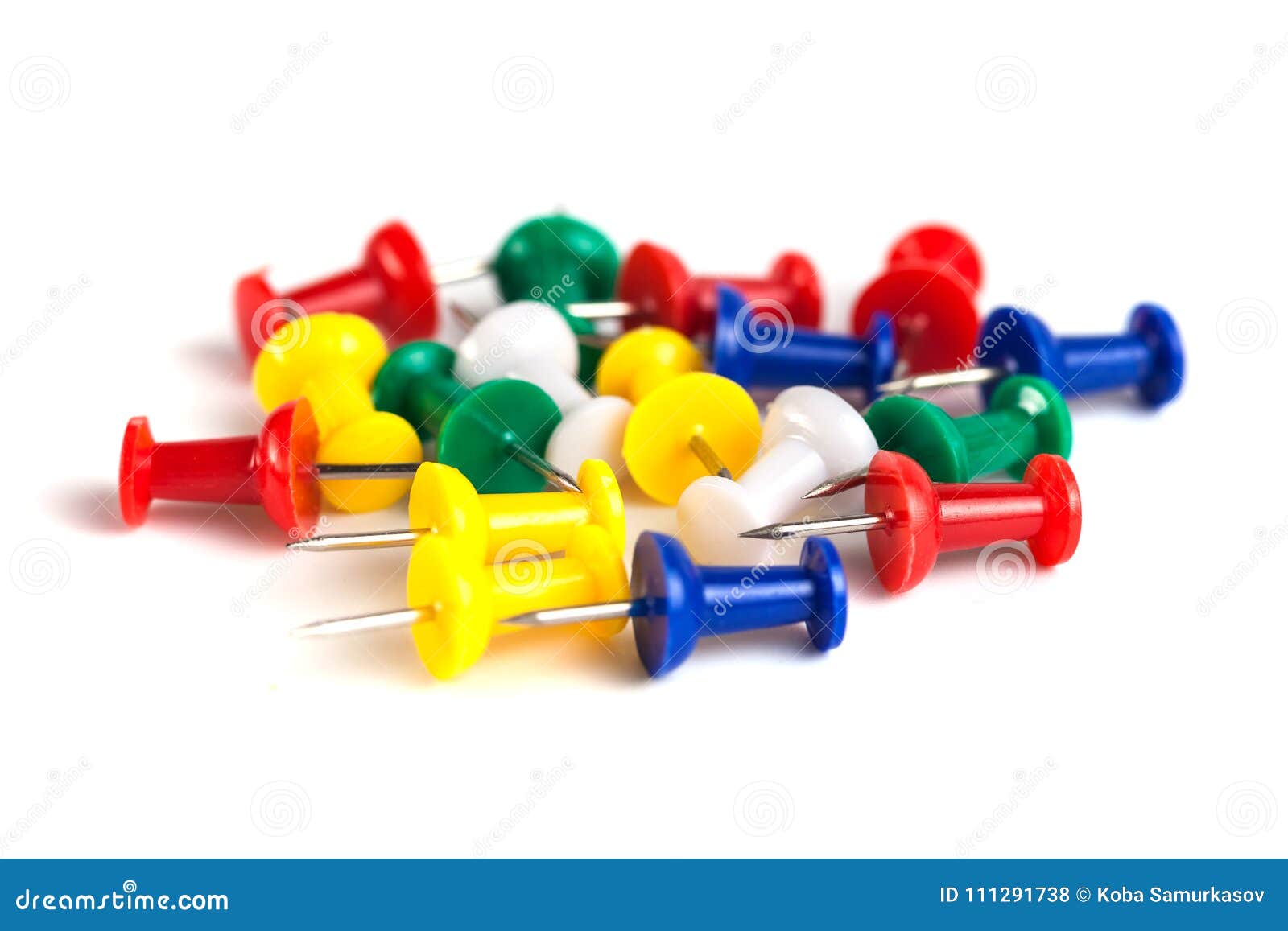 Closeup of Many Colored Thumbtacks on White Stock Photo Image of blue