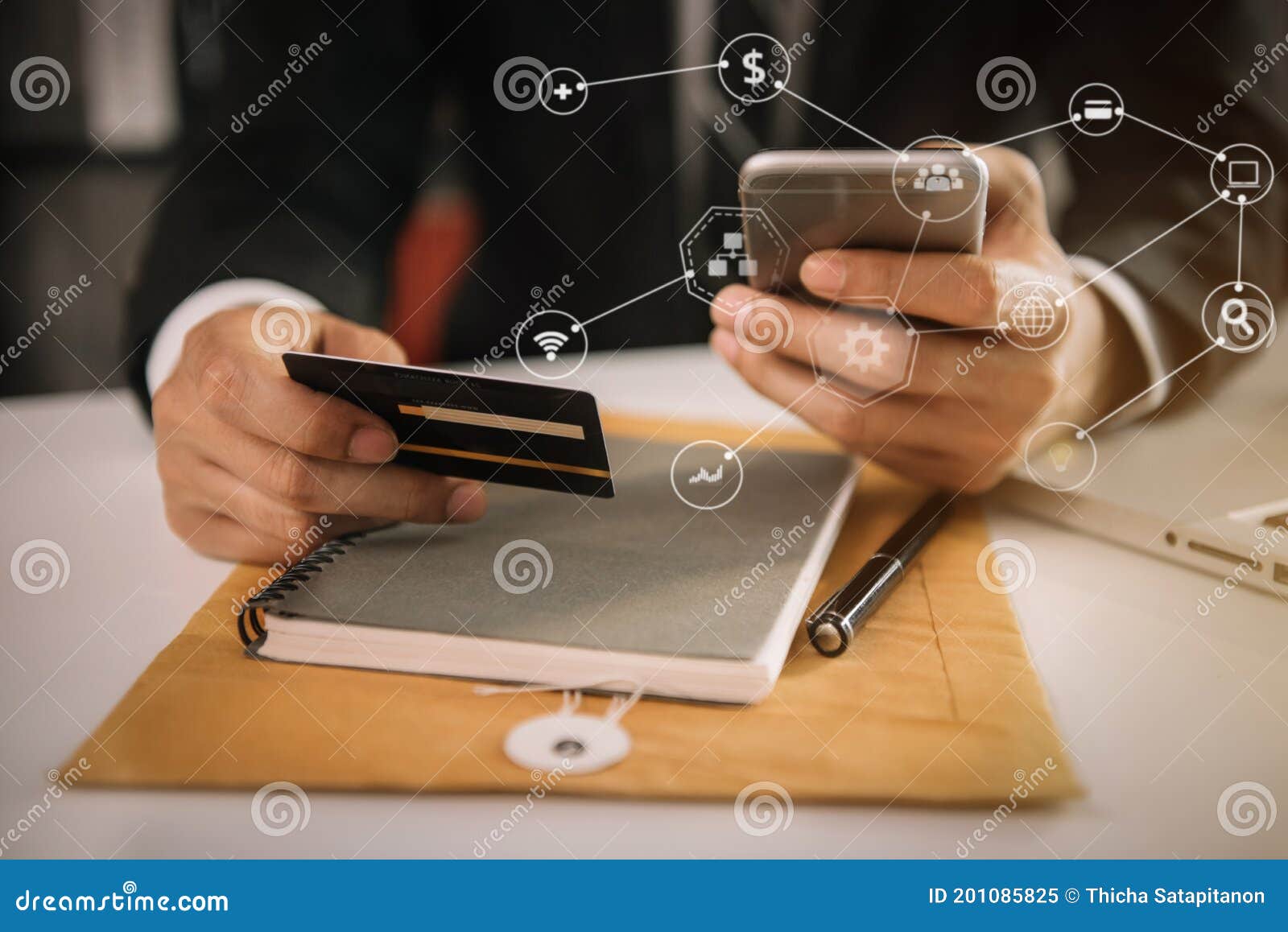 closeup men holding hand credit card.businessman use smartphone online payments shopping.