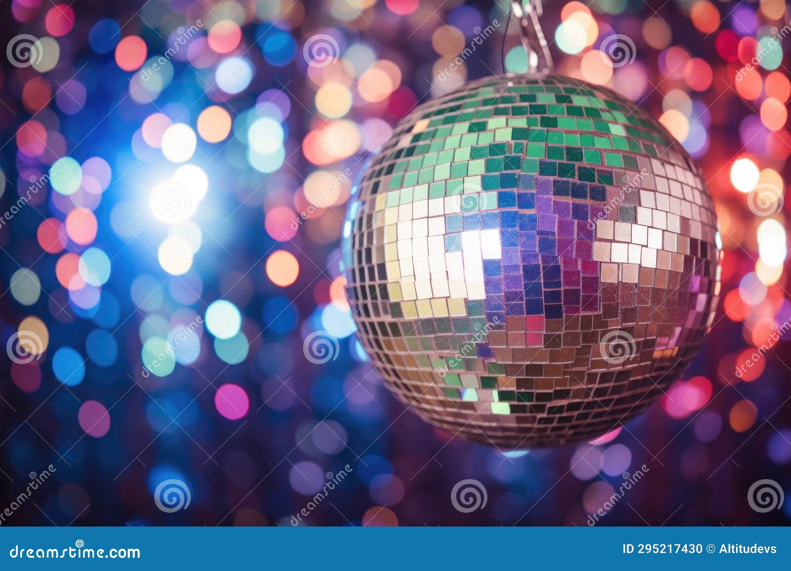 Closeup of a Mirror Ball Reflecting Lights in a Dance Studio Stock