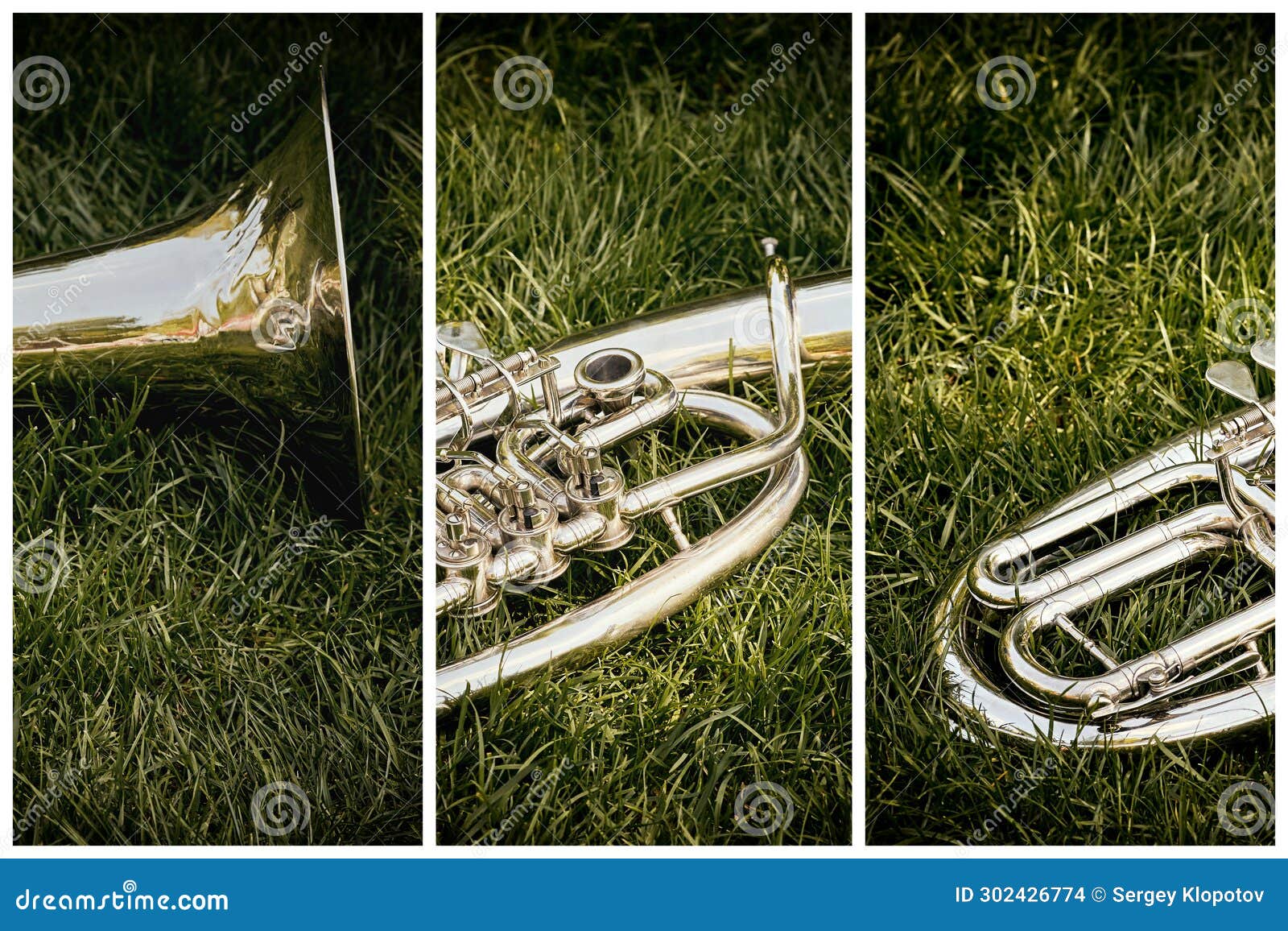 closeup of a musical wind instrument orchestra of silver trumpets
