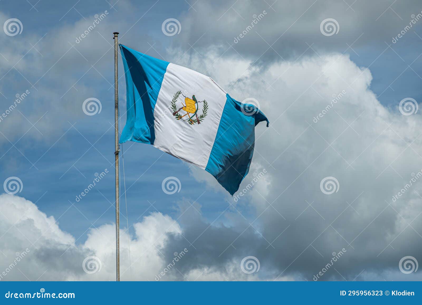 closeup of national flag waving in wind, la antigua, guatemala