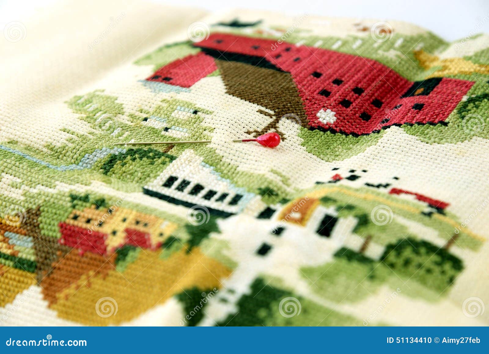 Closeup of Needle Put into Cross-stitch Embroidery Stock Photo - Image ...