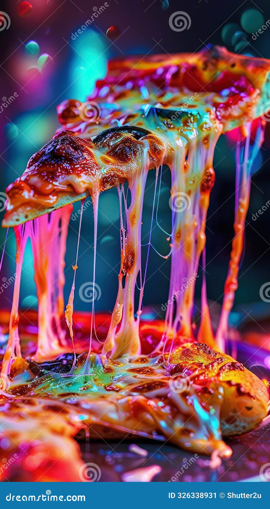 a closeup of a neondrenched pizza slice with cheese strings stretching in vibrant colors