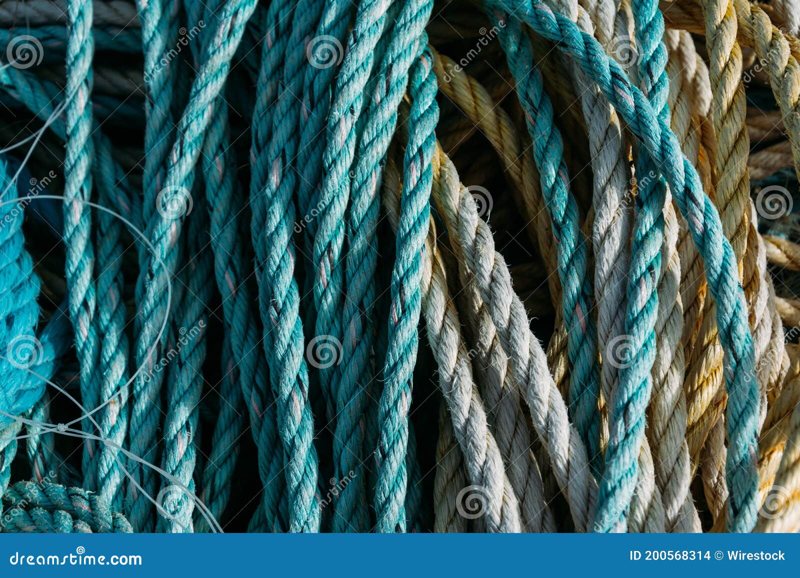 Closeup of Old Fishing Ropes and Nets Under the Sunlight Stock