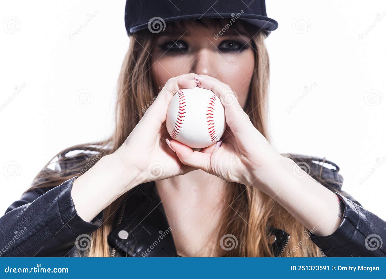Closeup of One Sportive Caucasian Female Baseball Player Athlete Posing  with Ball Wearing Black Cap Sport Outfit Against Pure Stock Image - Image  of competitive, activity: 251373591