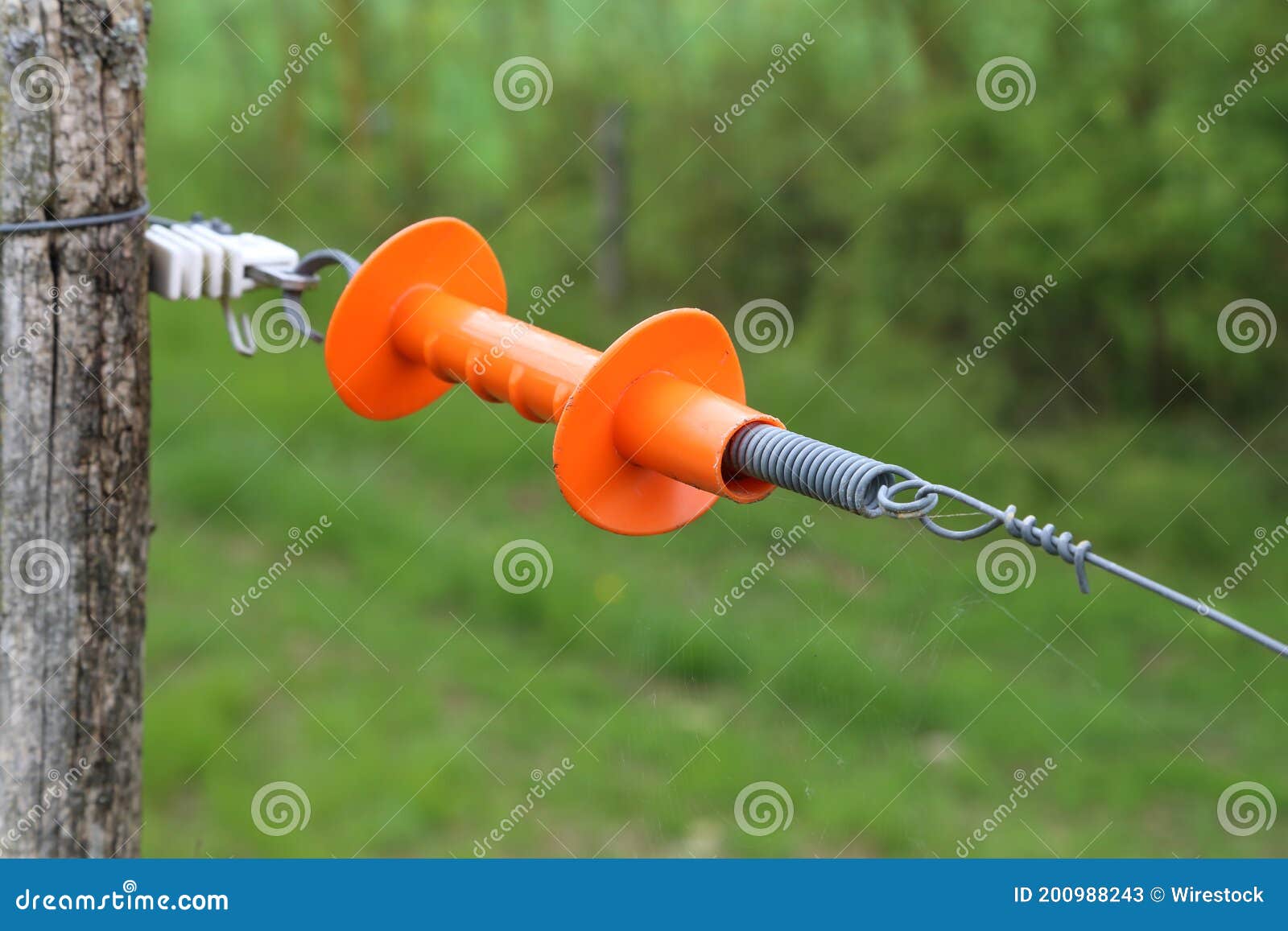 Closeup of an Orange Plastic Insulator on an Electric Fence a at a Field Stock Image Image of