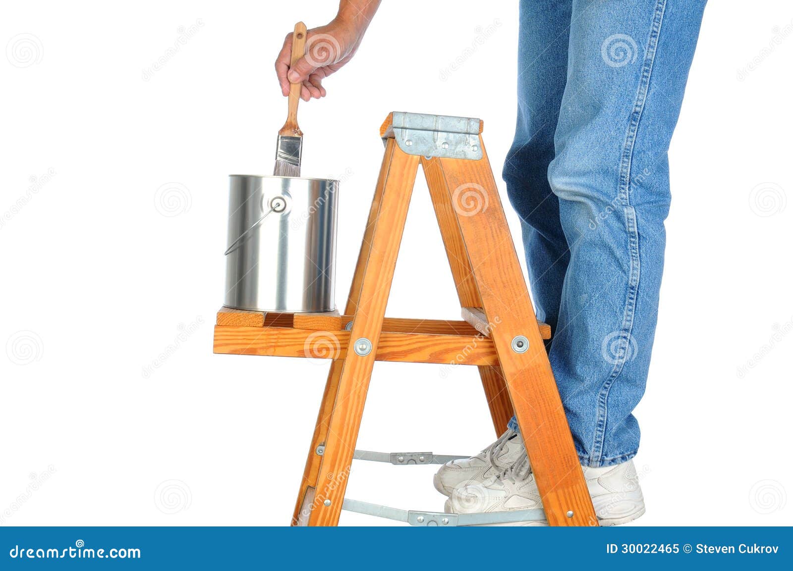 Painter on Ladder with Paint Brush Stock Image - Image of remodel