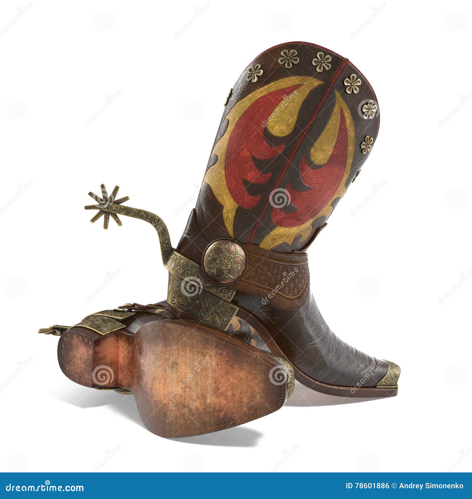 Closeup Of A Pair Cowboy Boots With Spurs On White. 3D Illustration ...