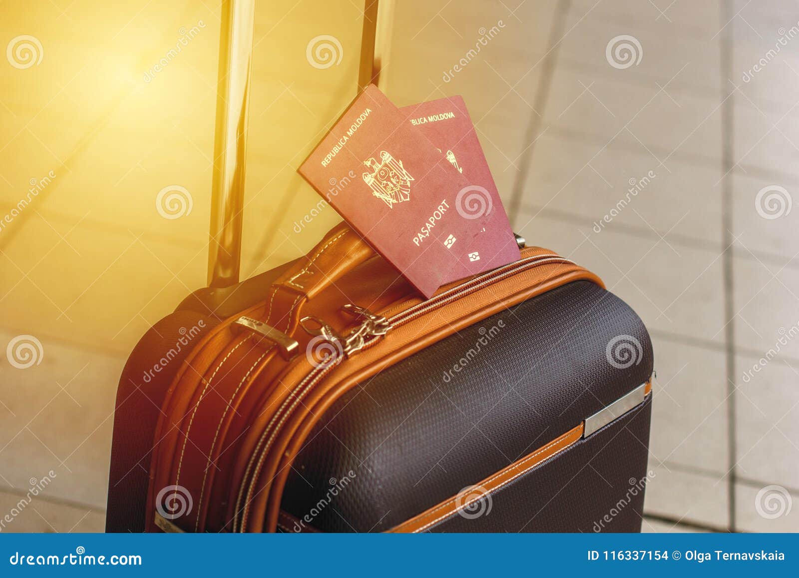 Closeup of passports on the luggage. Travel or emigration concept. Biometric passport of Moldova