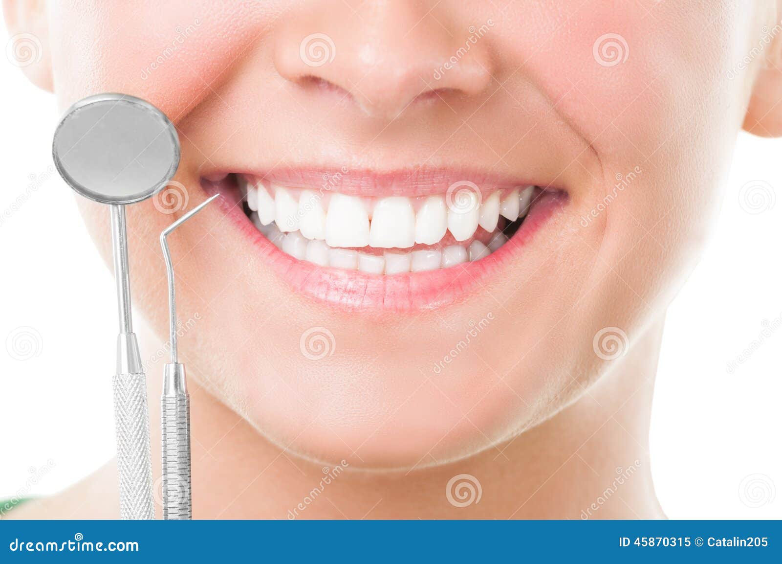 Closeup of Perfect Smile and Dentist Tools Stock Image Image of happy