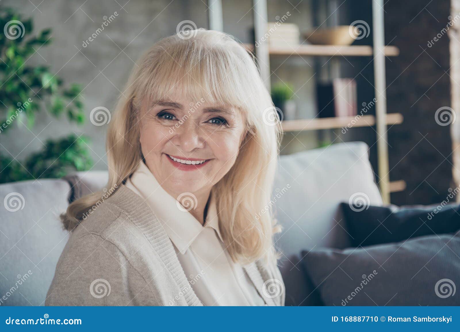 Closeup Photo Of Amazing Blond Adorable Aged Granny Homey Good Mood Toothy Beaming Smiling