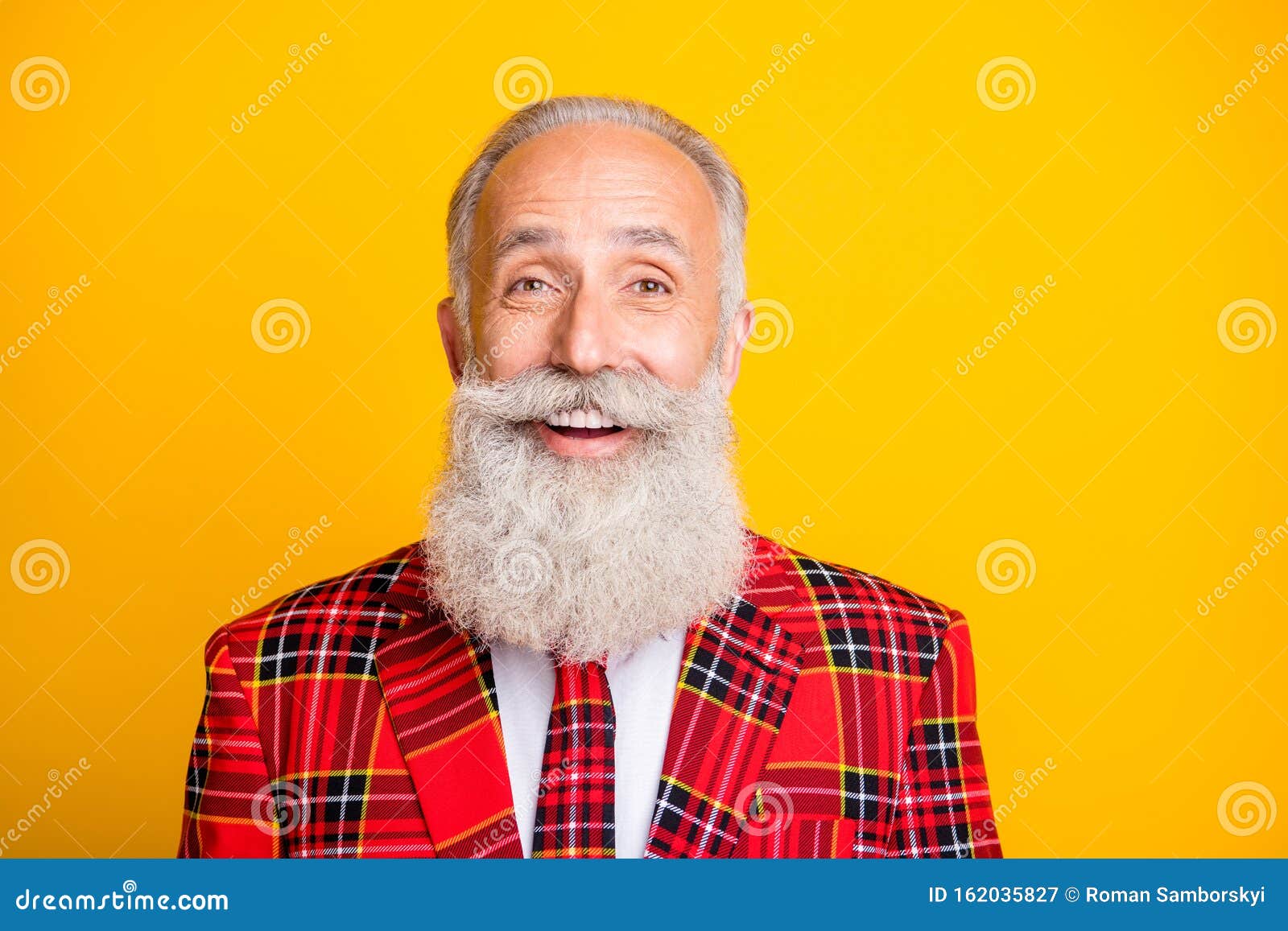 closeup photo of amazing cool look grandpa guy with stylish beard came to x-mas party wear hipster tartan costume outfit