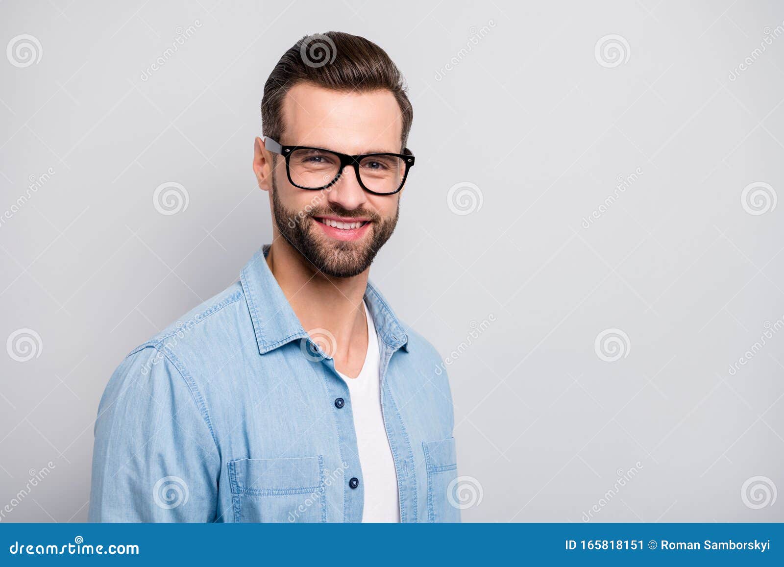 closeup photo of amazing macho guy friendly smiling colleagues partners young promoted chief wear specs casual denim
